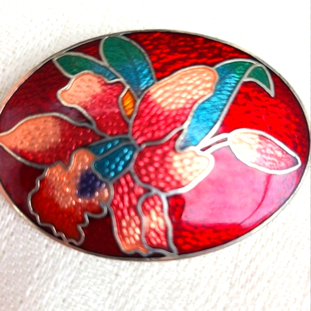 Rare Vtg. CHRISTIAN LACROIX Red Flowered Enamel Brooch Signed
